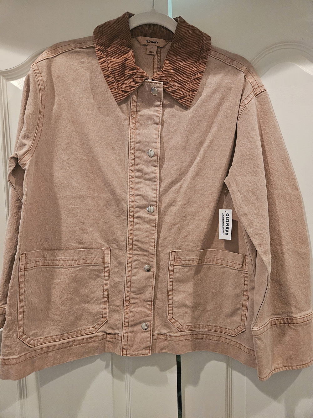 Old Navy Blush Pink Jean Jacket with Brown Corduroy Collar